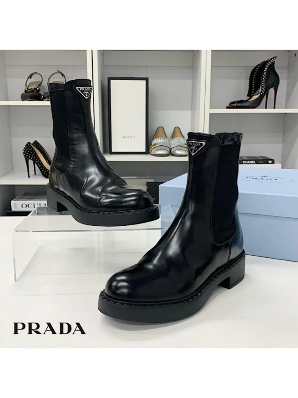 Prada Triangle Logo Leather Side Gore Short Boots Black